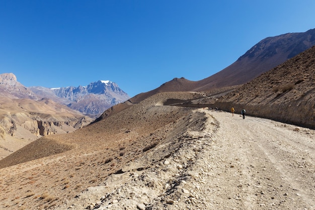 Gruppe von Touristen mit Trekkingstöcken entlang der Straße zum Muktinath Mount Yakwakang