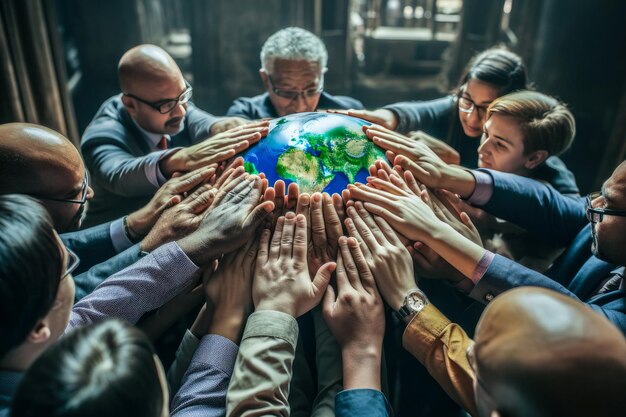 Foto gruppe von unternehmern, die den globus mit verschiedenen händen im büro berühren