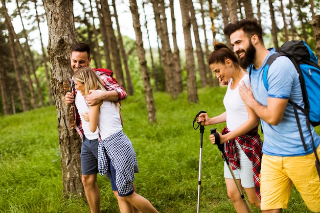 Gruppe von vier Freunden, die zusammen durch einen Wald wandern