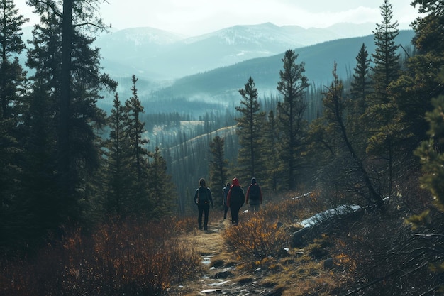 Gruppe von Wanderern auf einem Waldweg mit nebligen Bergen im Hintergrund