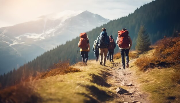 Foto gruppe von wanderern, die in den bergen wandern, frühlingskonzept