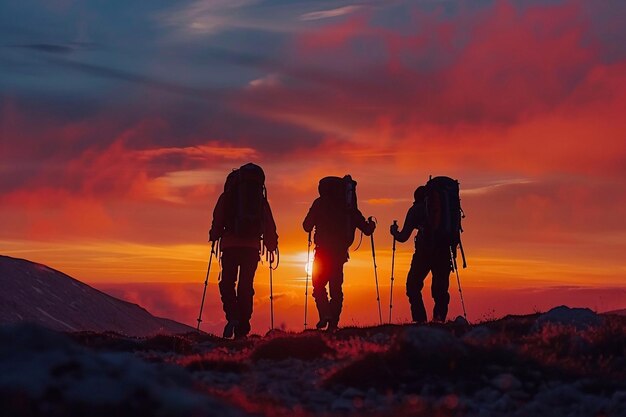 Gruppe von Wanderern mit Rucksäcken, die bei Sonnenuntergang in den Bergen wandern