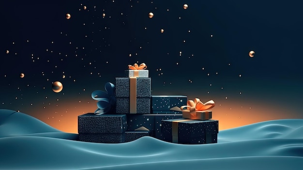 Gruppe von Weihnachtsgeschenken auf blauem Hintergrund. Schachteln mit Bändern für den Winterurlaub. Generierte KI