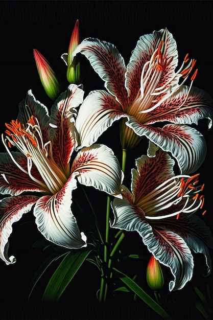 Gruppe weißer und roter Blumen vor schwarzem Hintergrund, generative KI