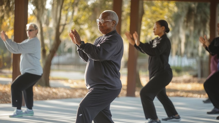 Foto gruppen-tai-chi-übungen in einem park