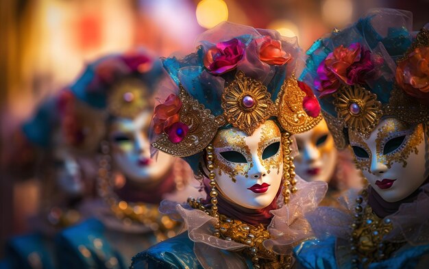 Gruppen von Menschen in Kostümen, farbenfrohen Karnevalsmasken