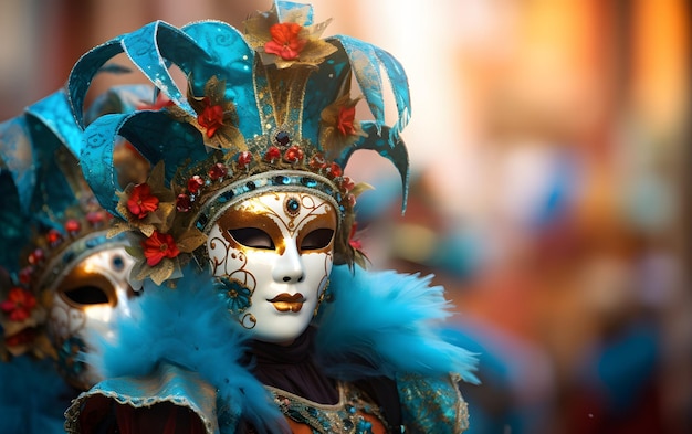 Gruppen von Menschen in Kostümen mit bunten Karnevalsmasken