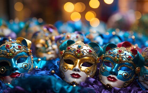 Gruppen von Menschen in Kostümen mit bunten Karnevalsmasken