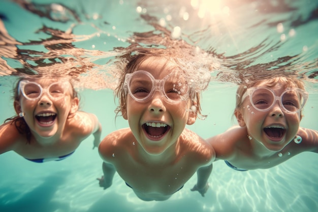 Gruppenkinder schwimmen unter Wasser im Pool. Erzeugen Sie KI