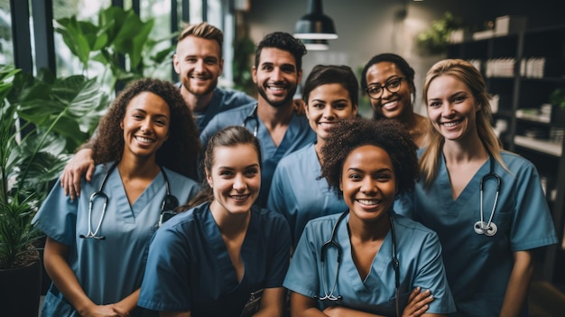 Foto gruppenportraits von ärzten und darunter in einem kreis lächeln und teamarbeit für die gesundheitsversorgung