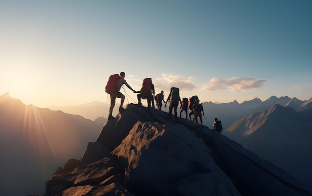 Gruppensilhouetten von Menschen beim Bergsteigen helfen sich gegenseitig