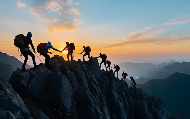 Gruppensilhouetten von Menschen beim Bergsteigen helfen sich gegenseitig