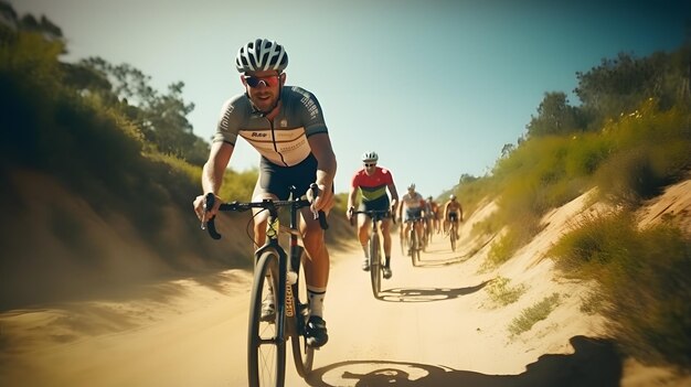 Foto gruppensportler radfahrer fahren sportfahrrad auf grad