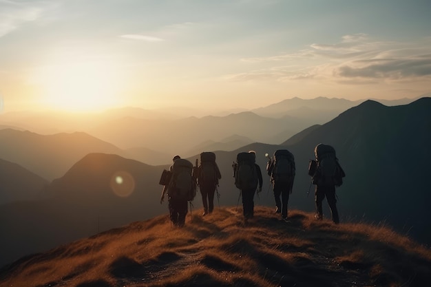 Gruppentouristen von sportlichen Wanderern wandern in den Bergen