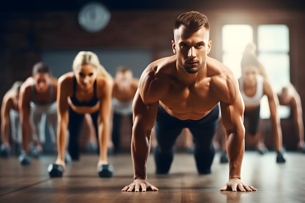 Gruppentraining und Hantel-Push-Up im Fitnessstudio für Muskelkraft