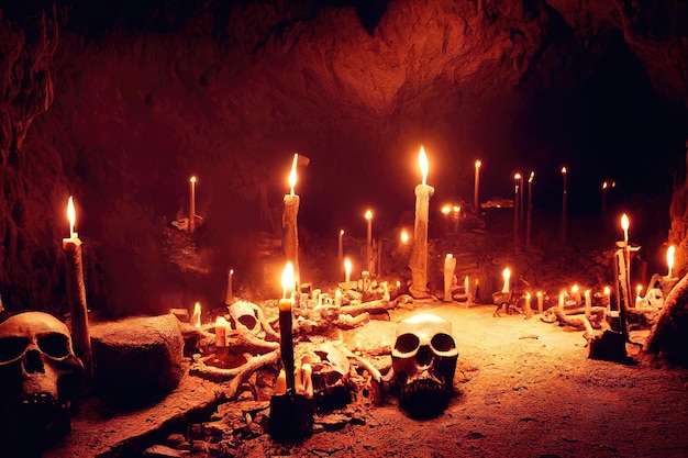 Gruselige alte Höhle mit brennenden Kerzen und Schädeln. Eine alte verlassene Grotte mit Knochen.