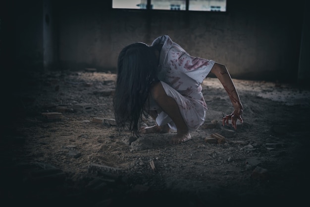 Gruselige Geisterfrau dunkel im Spukhaus-Halloween-Thema streckt sich aus und Blut