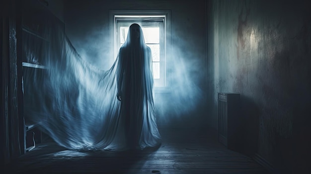 Gruselige Geisterfrau im Haunted HouseHorror-Hintergrund