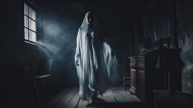 Gruselige Geisterfrau im Haunted HouseHorror-Hintergrund