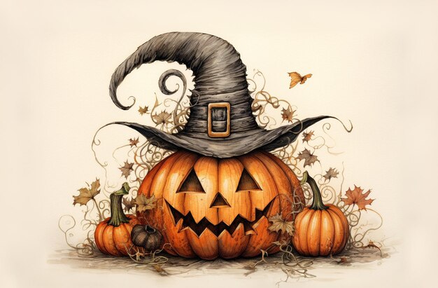 Gruselige grinsende Halloween-Kürbisse mit Hexenhut, isoliert auf weißem Hintergrund. Halloween-Hintergrund. Generative KI