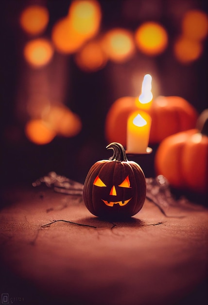 Gruselige Halloween-Kürbis-Tapete über Holzplanken mit Kerzen und mit gruseligen Tönen für die Partynacht. Nahaufnahme des gruseligen Halloween-Kürbis mit Augen, die innen auf schwarzem Hintergrund leuchten