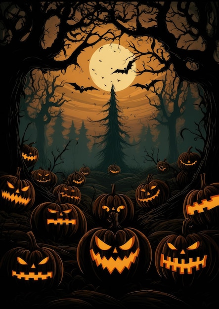 Gruselige Halloween-Kürbisse. Gruseliger Wald. Gruselige Halloween-Nacht. Generative KI