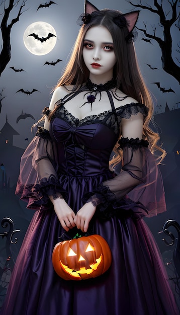 Foto gruselige halloween-mädchen mit halloween-hintergrund