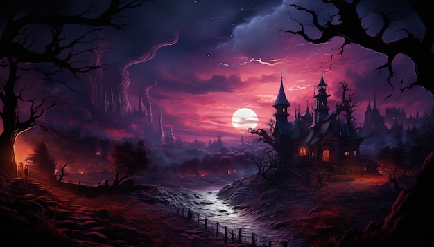 Gruselige Halloween-Nacht, Aquarell-Hintergrund, Hauswald und Vollmond-Spukfeste