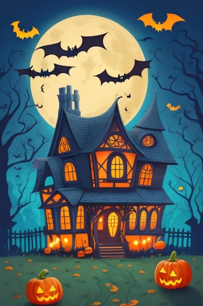 Gruselige Halloween-Szene mit Geistern, Kürbissen und Fledermäusen