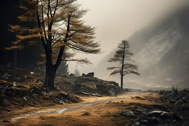 Gruselige Herbstberge, die in Nebel gehüllt sind und eine geheimnisvolle und unheimliche Atmosphäre schaffen