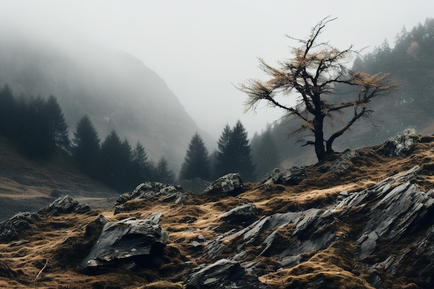 Gruselige Herbstberge, die in Nebel gehüllt sind und eine geheimnisvolle und unheimliche Atmosphäre schaffen