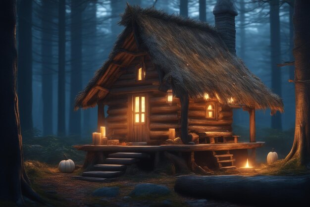 Foto gruselige hütte im dunklen wald, beleuchteter brennholzhintergrund. blockhütte in der verschneiten waldnacht