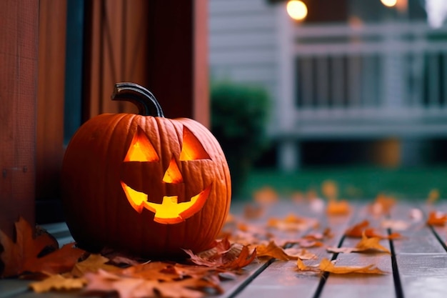 Gruselige Jack-Laterne-Halloween-Kürbisse in der Dunkelheit auf dem Boden zwischen trockenen Blättern auf der Straße. Dekoration am Heiligabend. Lustiger leuchtender Kürbis mit Kerzen auf dunklem Hintergrund im Freien in der Nähe des Hauses, erzeugt durch KI