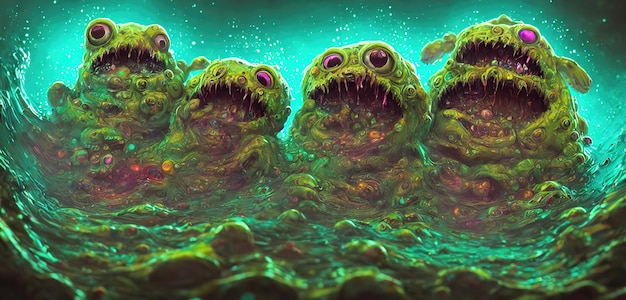 Gruselige kleine Schlammmonster aus den Abwasserkanälen Toothy Kreaturen aus Schlamm mit großen Augen und scharfen Zähnen Monster unter dem Rand der Toilette 3D-Illustration