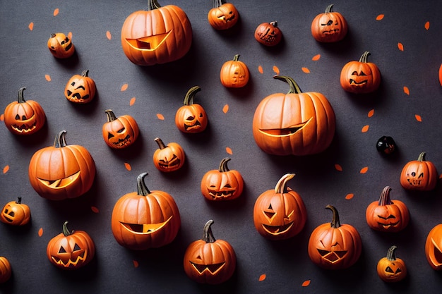 Gruselige Kürbisse liegen auf einer grauen Oberfläche Geschnitzte Gesichter in orangefarbenen Kürbissen für Halloween