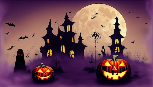 Gruselige Vektor-Halloween-Landschaft mit einem Spukhaus, einem Friedhof, einer Hexe und fliegenden Fledermäusen in voller Länge