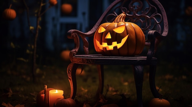 Gruseliger Halloween-JackO'Lantern-Kürbis auf einem Stuhl