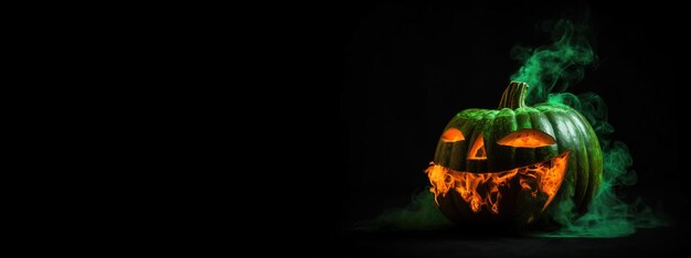 Gruseliger Halloween-Kürbis auf grünem, feuerschwarzem Hintergrund, KI generiert