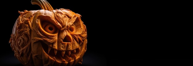 Gruseliger Halloween-Kürbis mit feuerdunklem Hintergrund. Header-Banner-Mockup mit von der KI generiertem Kopierraum