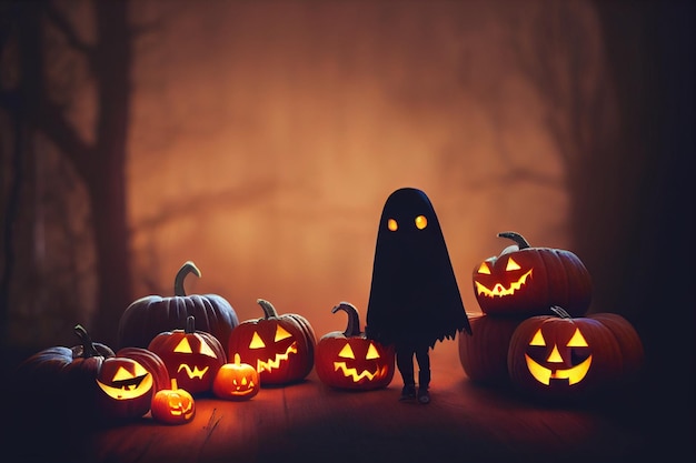 Gruseliger kleiner schwarzer Geist mit Jack o' Lantern 3D-Illustration