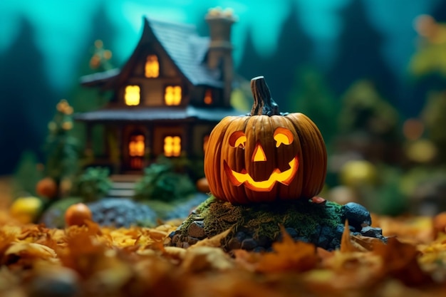 Gruseliger Kürbis und Haus in der Vollmondnacht auf Halloween-Feierkonzept Halloween-Hintergrund
