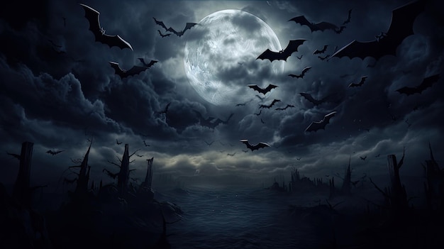 Gruseliger Mond am bewölkten Himmel mit Fledermäusen in der Halloween-Nacht