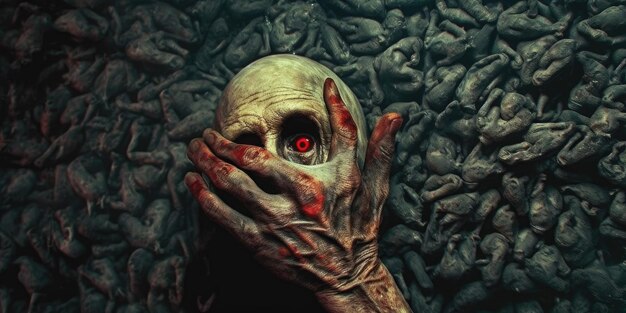 Gruseliger Zombiekopf mit roten Augen, der auf dem Boden liegt und eine Hand den Mund bedeckt