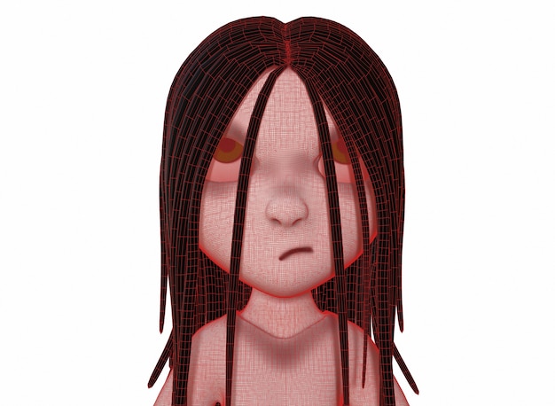 gruseliges Cartoon-Charakter-Horror-Mädchen mit schwarzem Haar 3D-Rendering.