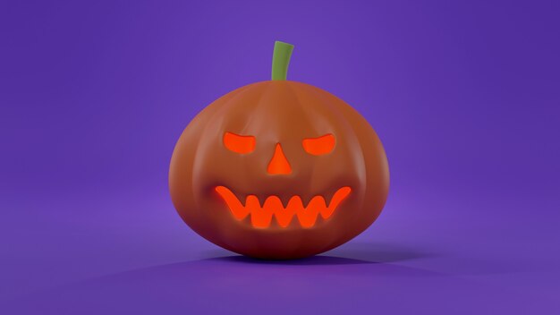 Gruseliges Gesicht Halloween-Kürbis mit Licht beleuchtet oder Jack-o-Laterne auf lila Hintergrund, 3D-Rendering