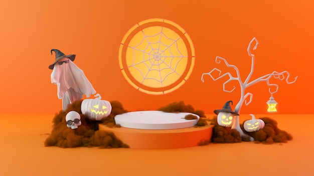 Gruseliges Halloween-Event-Podium auf orangefarbenem Hintergrund.