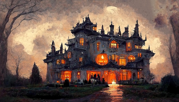 Gruseliges Halloween-Herrenhaus, dunkles Schloss, dekorierter Konzeptkunst-Illustrationsfall