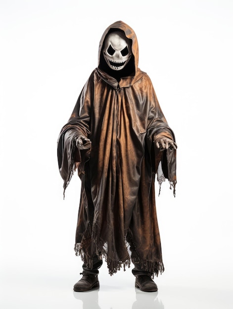 Gruseliges Halloween-Kostüm in einem braunen Umhang auf weißem Hintergrund