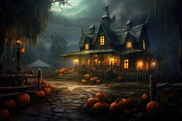 Gruseliges Spukhaus in der Halloween-Nacht, dunkles Halloween-Haus mit Kürbissen, generiert von KI