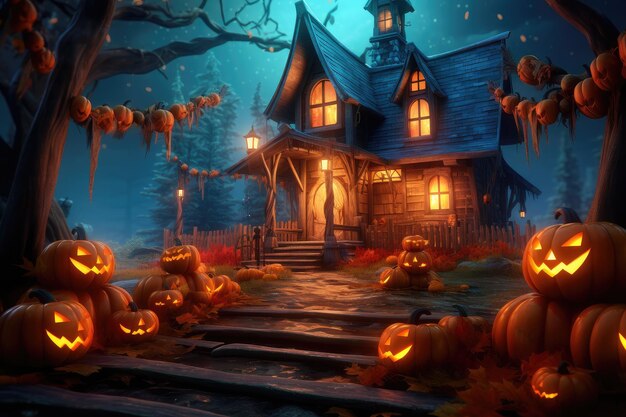 Gruseliges Spukhaus in der Halloween-Nacht, dunkles Halloween-Haus mit Kürbissen, generiert von KI